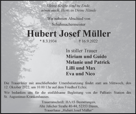 Traueranzeige von Hubert Josef Müller von Zeitung am Sonntag