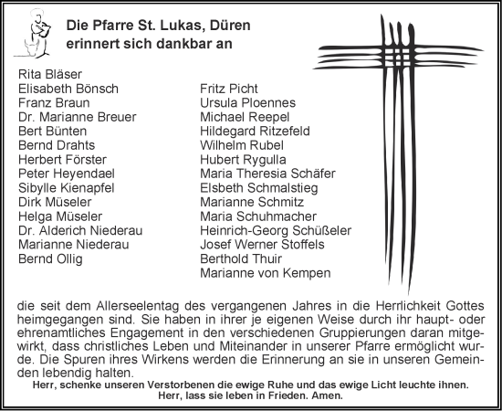 Traueranzeige von Im Gedenken Die Pfarre St. Lukas Düren von Zeitung am Sonntag