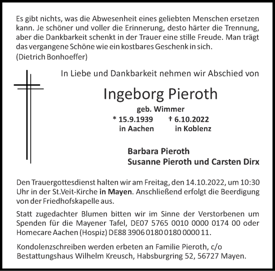 Traueranzeige von Ingeborg Pieroth von Aachener Zeitung / Aachener Nachrichten