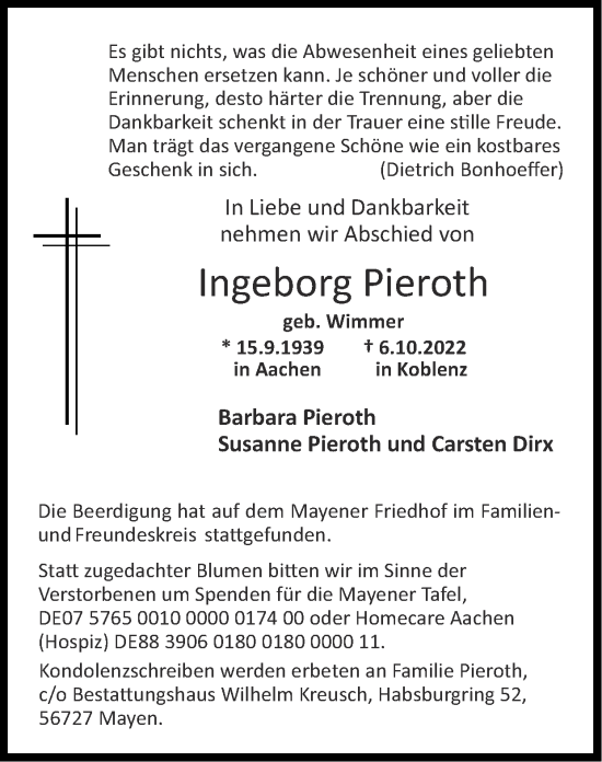 Traueranzeige von Ingeborg Pieroth von Zeitung am Sonntag