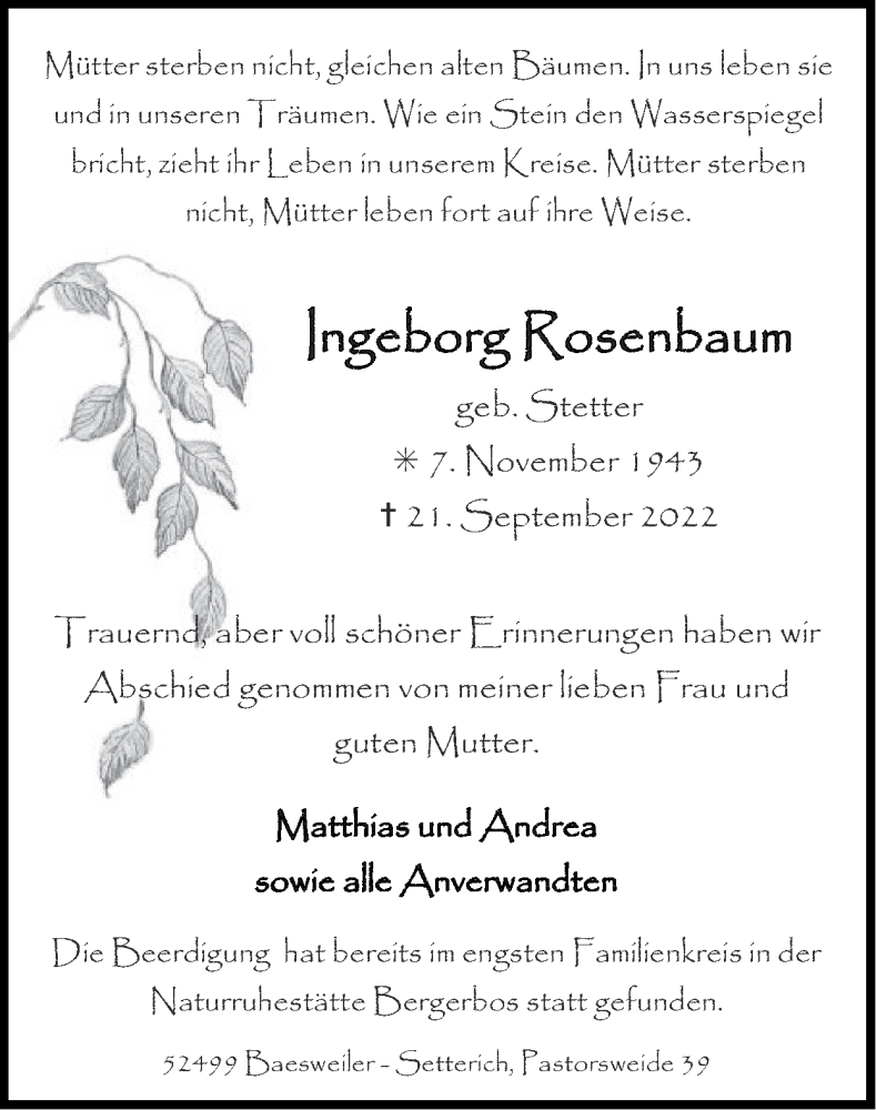  Traueranzeige für Ingeborg Rosenbaum vom 02.10.2022 aus Zeitung am Sonntag