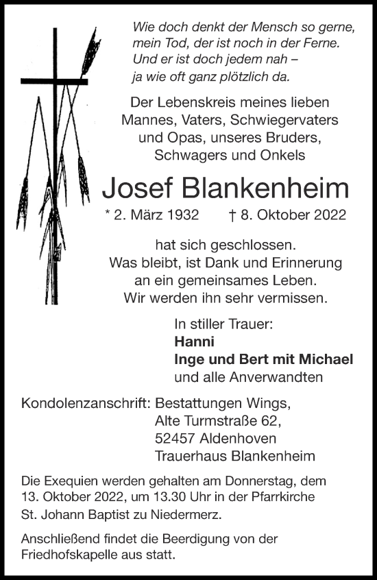 Traueranzeige von Josef Blankenheim von Aachener Zeitung / Aachener Nachrichten