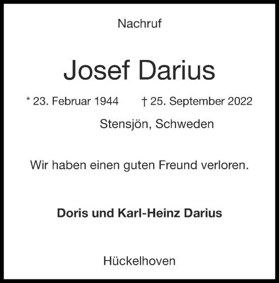 Traueranzeige von Josef Darius von Zeitung am Sonntag