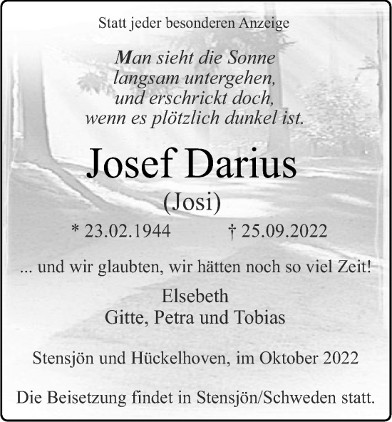 Traueranzeige von Josef Darius von Zeitung am Sonntag
