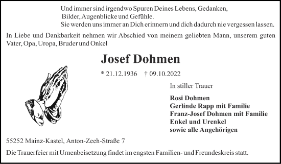 Traueranzeige von Josef Dohmen von Zeitung am Sonntag