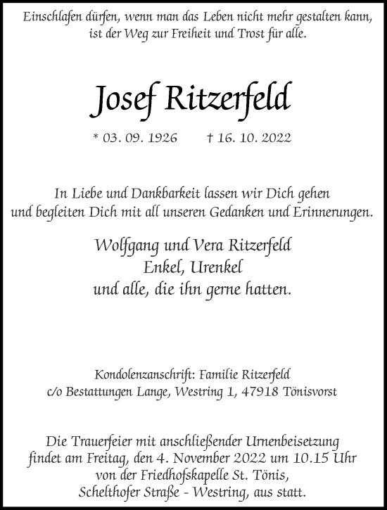 Traueranzeige von Josef Ritzerfeld von Aachener Zeitung / Aachener Nachrichten