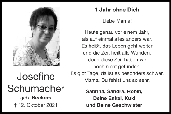 Traueranzeige von Josefine Schumacher von Zeitung am Sonntag