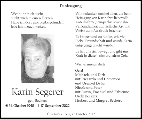 Traueranzeige von Karin Segerer von Zeitung am Sonntag