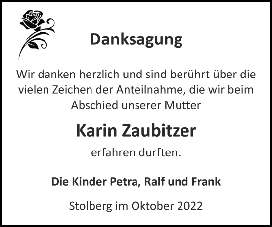 Traueranzeige von Karin Zaubitzer von Zeitung am Sonntag