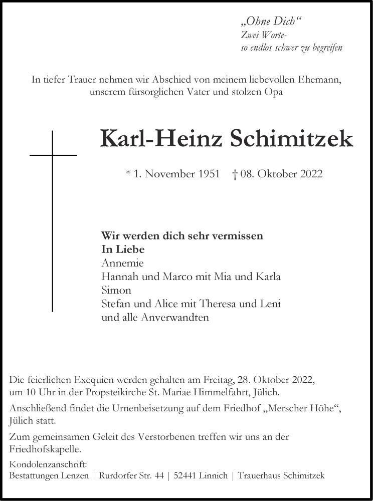  Traueranzeige für Karl-Heinz Schimitzek vom 22.10.2022 aus Aachener Zeitung / Aachener Nachrichten