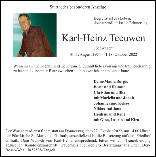 Traueranzeige von Karl-Heinz Teeuwen von Zeitung am Sonntag
