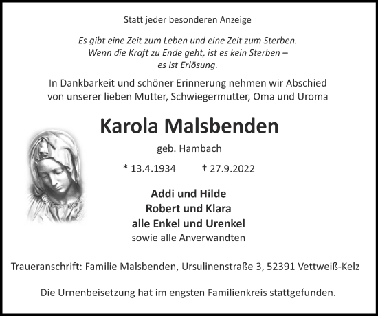Traueranzeige von Karola Malsbenden von Zeitung am Sonntag