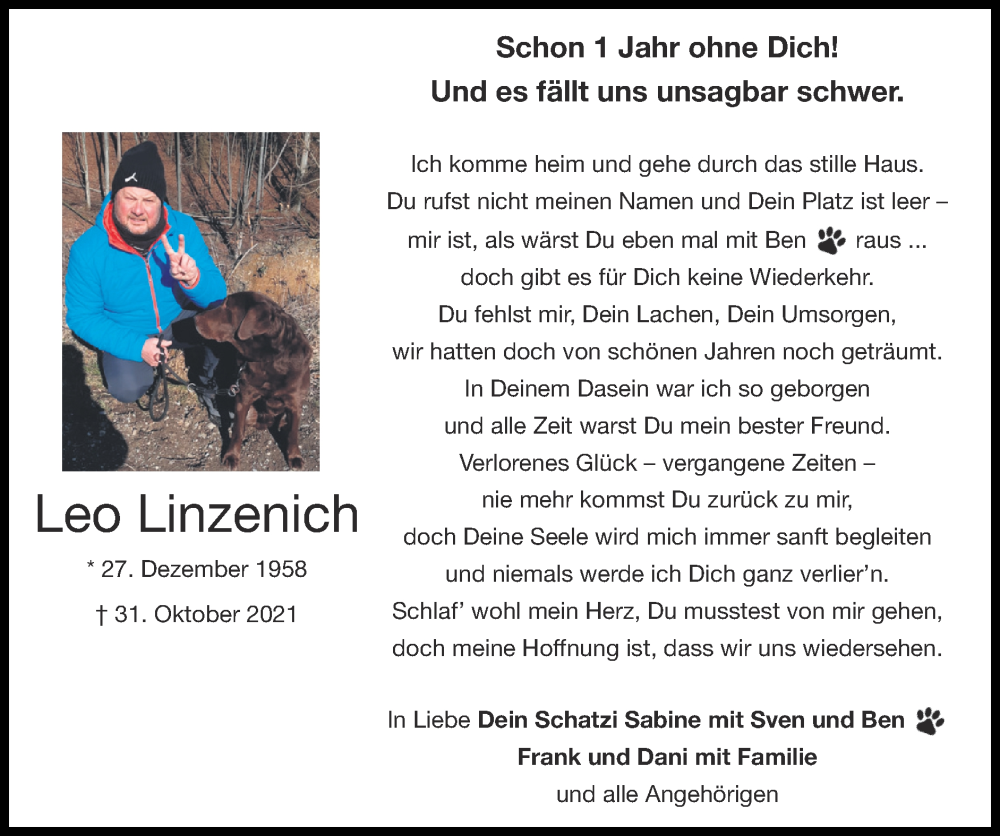  Traueranzeige für Leo Linzenich vom 30.10.2022 aus Zeitung am Sonntag