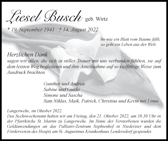 Traueranzeige von Liesel Busch von Zeitung am Sonntag
