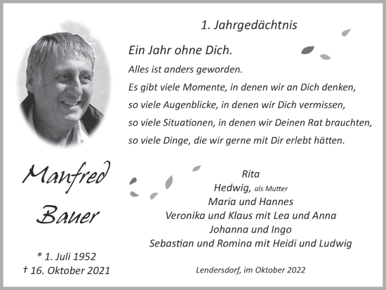 Traueranzeige von Manfred Bauer von Zeitung am Sonntag