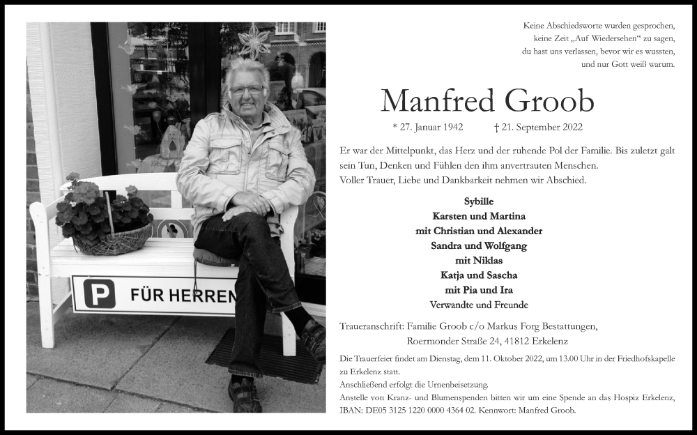  Traueranzeige für Manfred Groob vom 02.10.2022 aus Zeitung am Sonntag