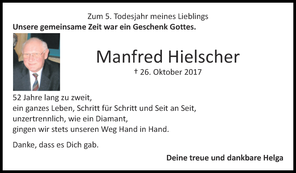  Traueranzeige für Manfred Hielscher vom 23.10.2022 aus Zeitung am Sonntag