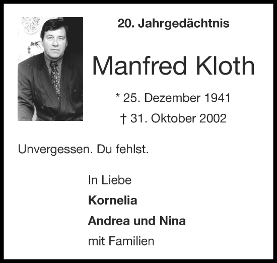 Traueranzeige von Manfred Kloth von Zeitung am Sonntag