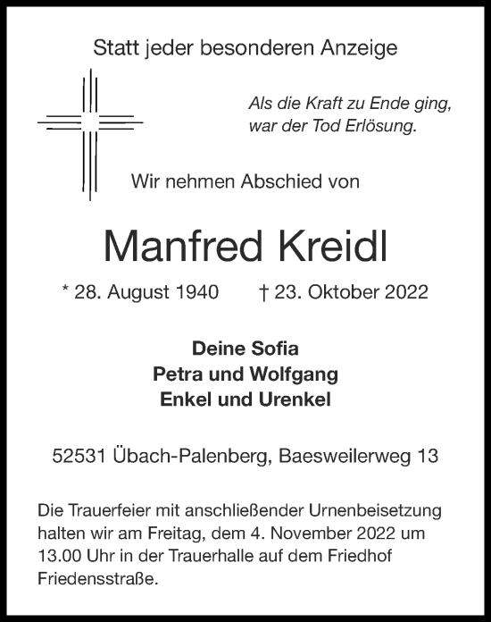 Traueranzeige von Manfred Kreidl von Zeitung am Sonntag