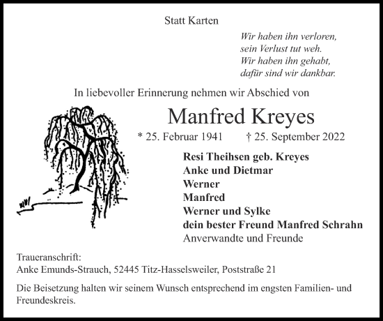Traueranzeige von Manfred Kreyes von Zeitung am Sonntag