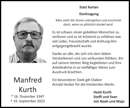 Traueranzeige von Manfred Kurth von Zeitung am Sonntag