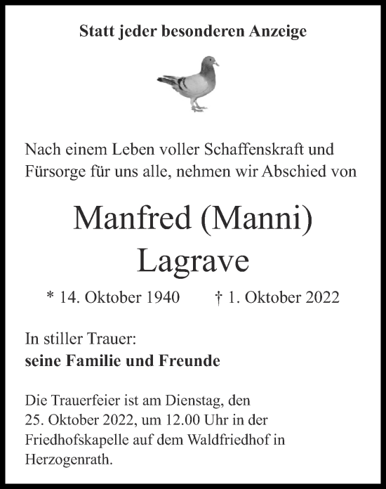 Traueranzeige von Manfred Lagrave von Zeitung am Sonntag