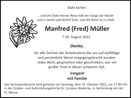 Traueranzeige von Manfred Müller von Zeitung am Sonntag