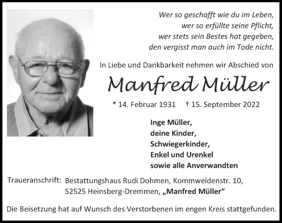 Traueranzeige von Manfred Müller von Zeitung am Sonntag