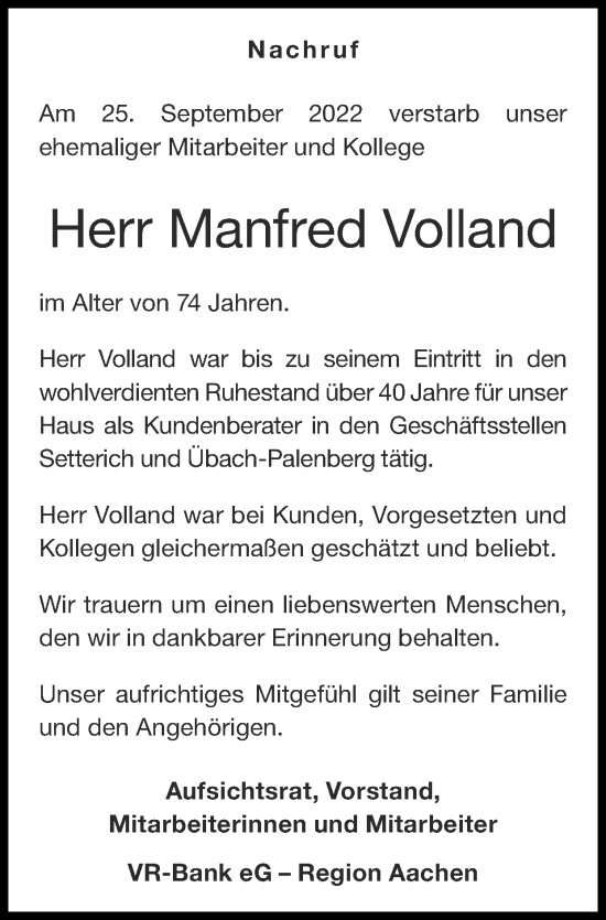 Traueranzeige von Manfred Volland von Zeitung am Sonntag