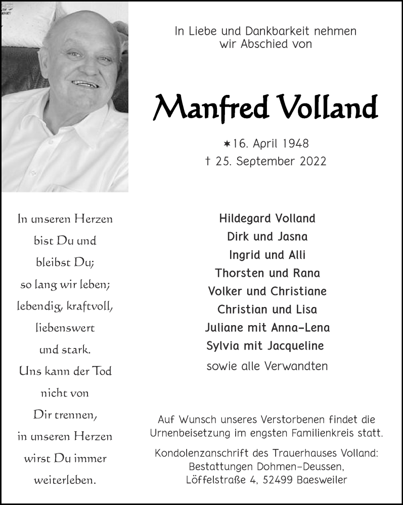  Traueranzeige für Manfred Volland vom 02.10.2022 aus Zeitung am Sonntag