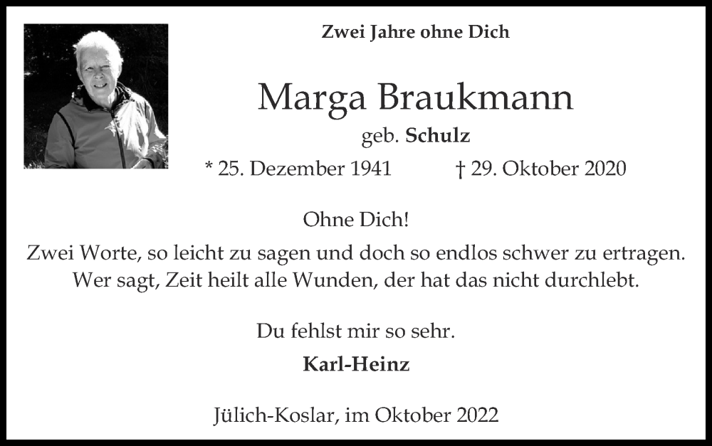  Traueranzeige für Marga Braukmann vom 30.10.2022 aus Zeitung am Sonntag