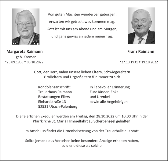 Traueranzeige von Margareta Raimann von Zeitung am Sonntag