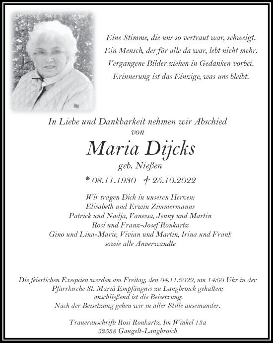 Traueranzeige von Maria Dijcks von Zeitung am Sonntag