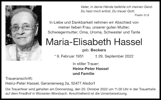 Traueranzeige von Maria-Elisabeth Hassel von Zeitung am Sonntag