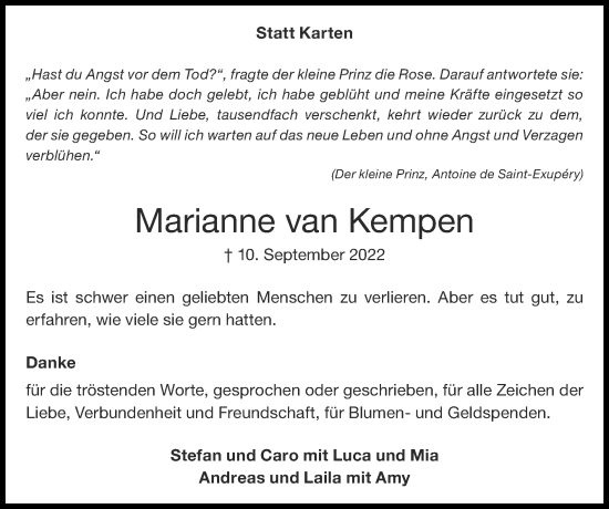 Traueranzeige von Marianne van Kempen von Zeitung am Sonntag