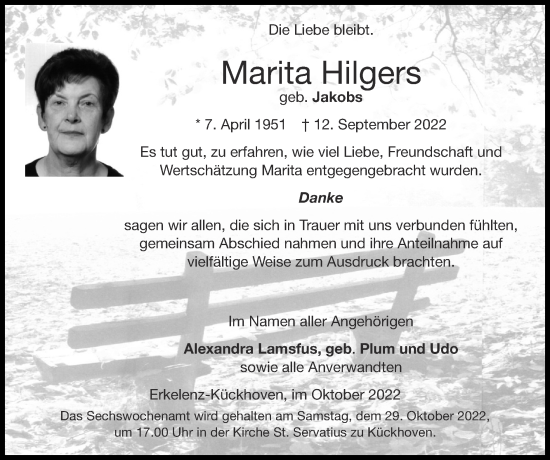 Traueranzeige von Marita Hilgers von Zeitung am Sonntag