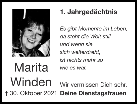 Traueranzeige von Marita Winden von Zeitung am Sonntag