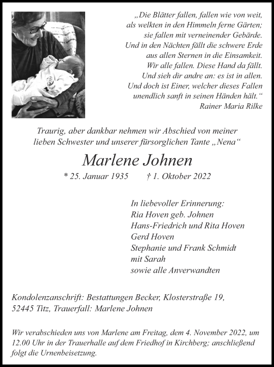 Traueranzeige von Marlene Johnen von Zeitung am Sonntag