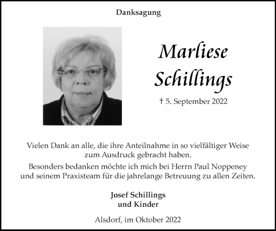 Traueranzeige von Marliese Schillings von Zeitung am Sonntag
