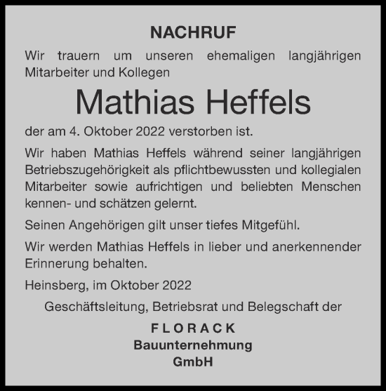 Traueranzeige von Mathias Heffels von Zeitung am Sonntag