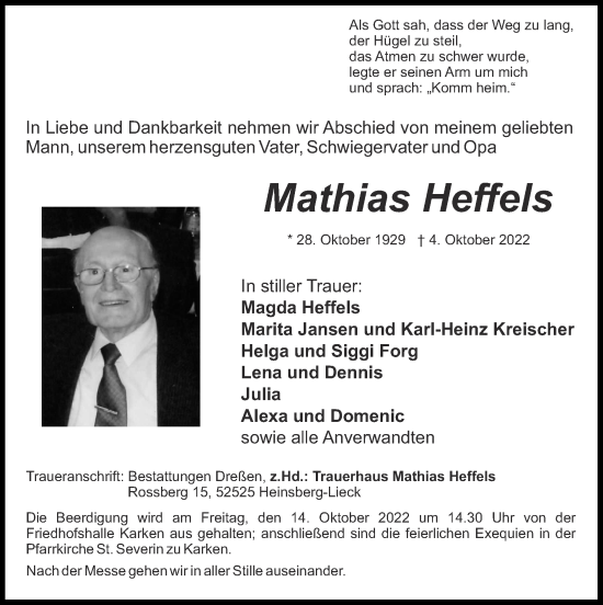 Traueranzeige von Mathias Heffels von Zeitung am Sonntag