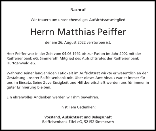 Traueranzeige von Matthias Peiffer von Zeitung am Sonntag