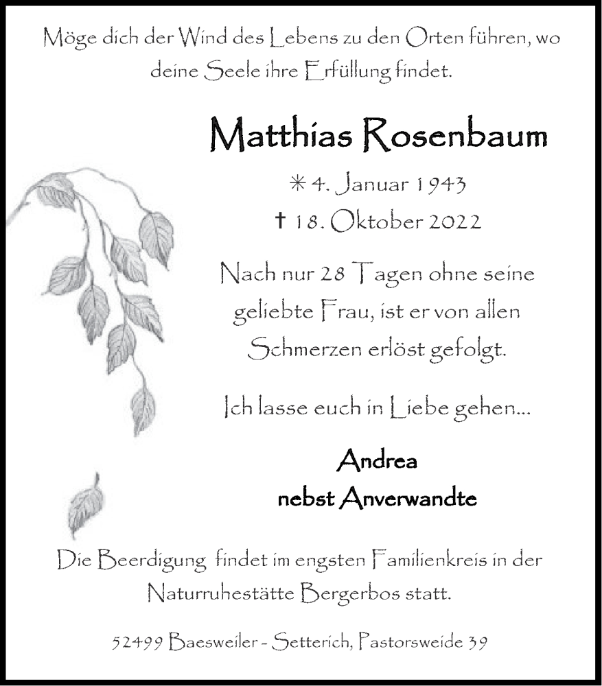  Traueranzeige für Matthias Rosenbaum vom 30.10.2022 aus Zeitung am Sonntag