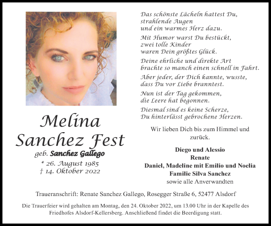 Traueranzeige von Melina Sanchez Fest von Zeitung am Sonntag