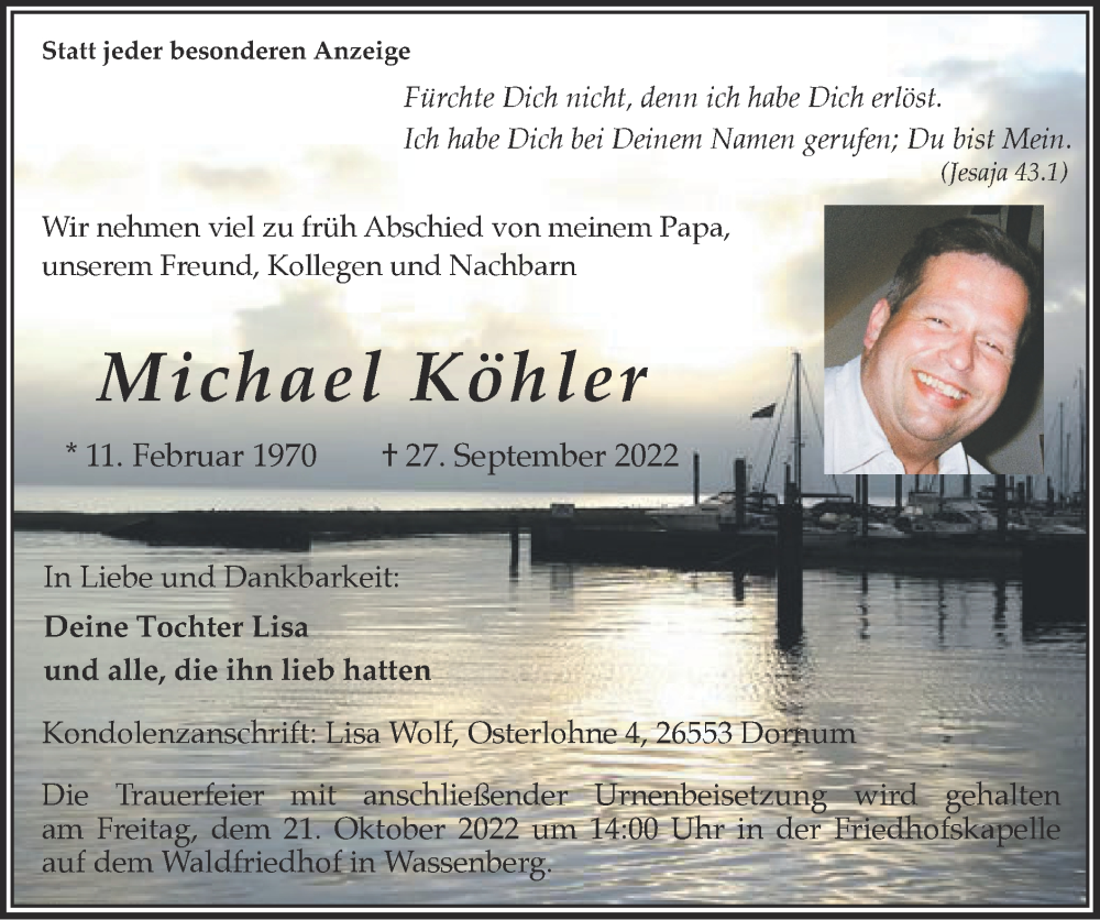  Traueranzeige für Michael Köhler vom 09.10.2022 aus Zeitung am Sonntag