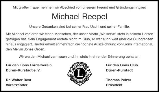 Traueranzeige von Michael Reepel von Aachener Zeitung / Aachener Nachrichten