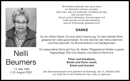 Traueranzeige von Nelli Beumers von Zeitung am Sonntag