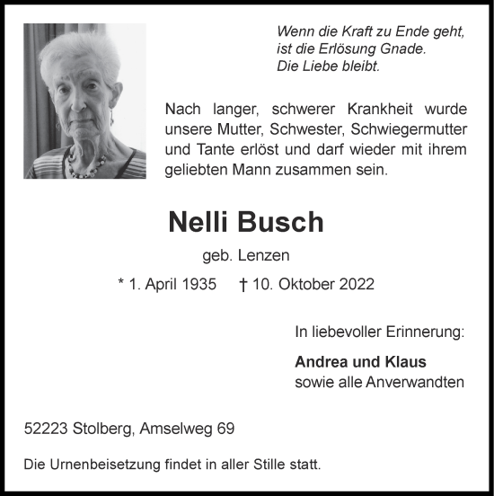 Traueranzeige von Nelli Busch von Zeitung am Sonntag