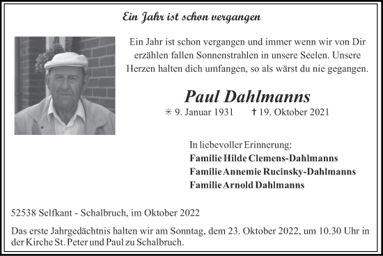 Traueranzeige von Paul Dahlmanns von Zeitung am Sonntag