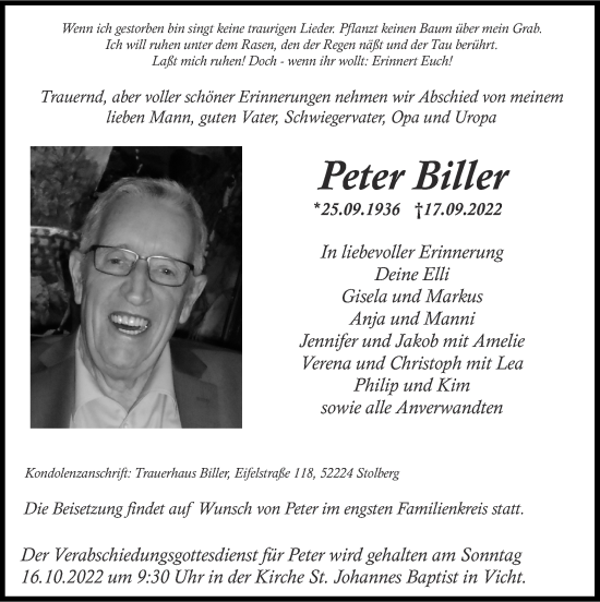 Traueranzeige von Peter Biller von Zeitung am Sonntag